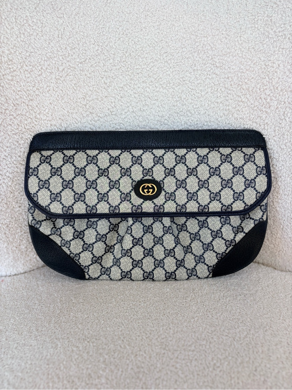 Gucci Navy & Gray Canvas Clutch with Restored Leather Trim, Gold GG